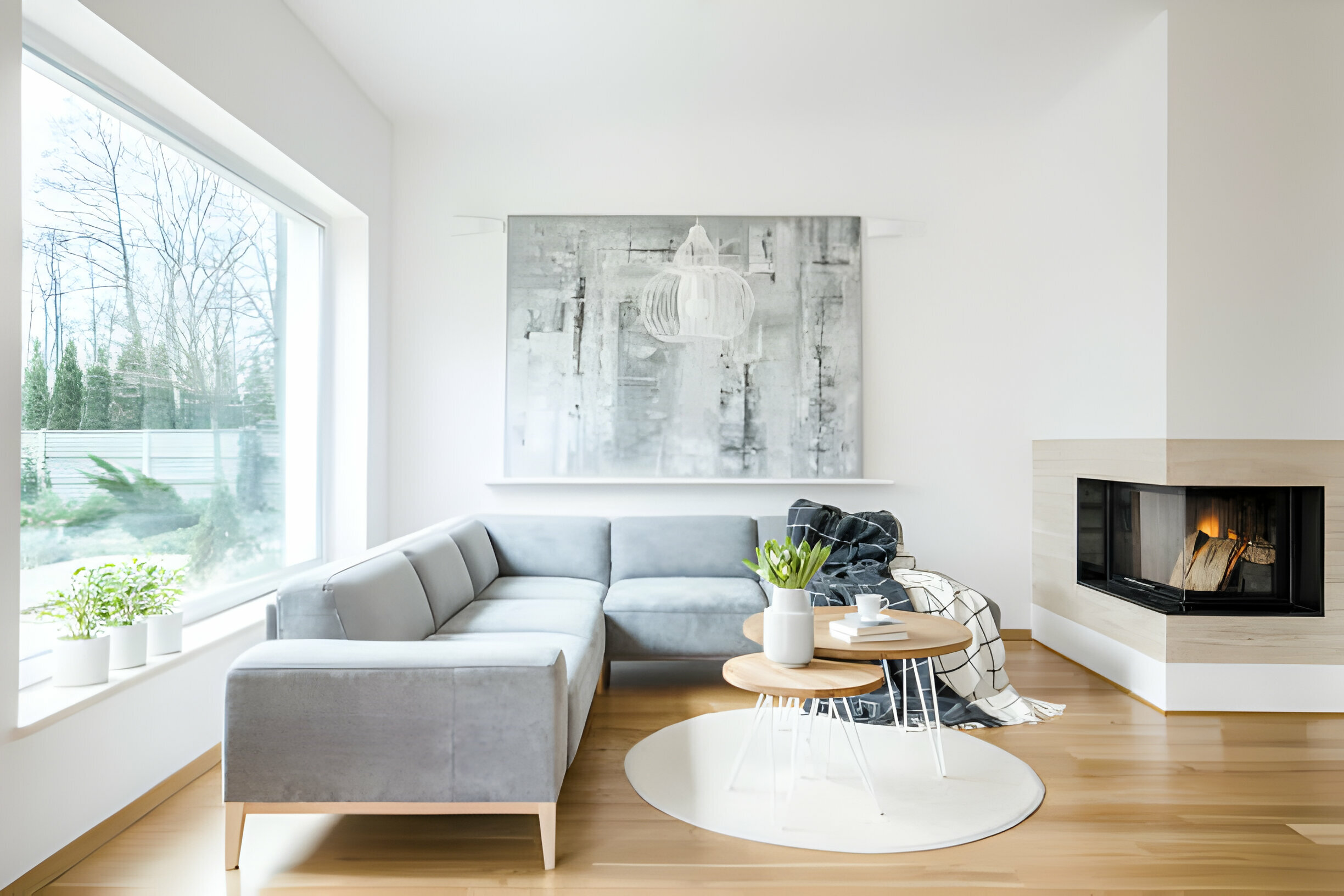 a corner fireplace in a small living room