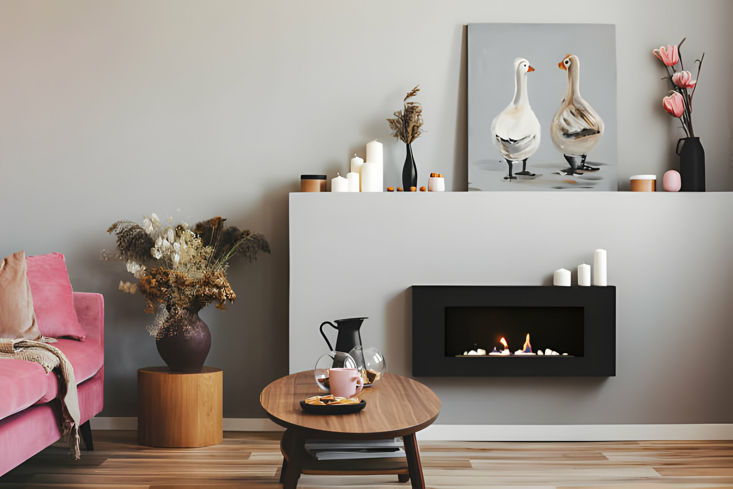 a minimalist electric fireplace with cabinet surround