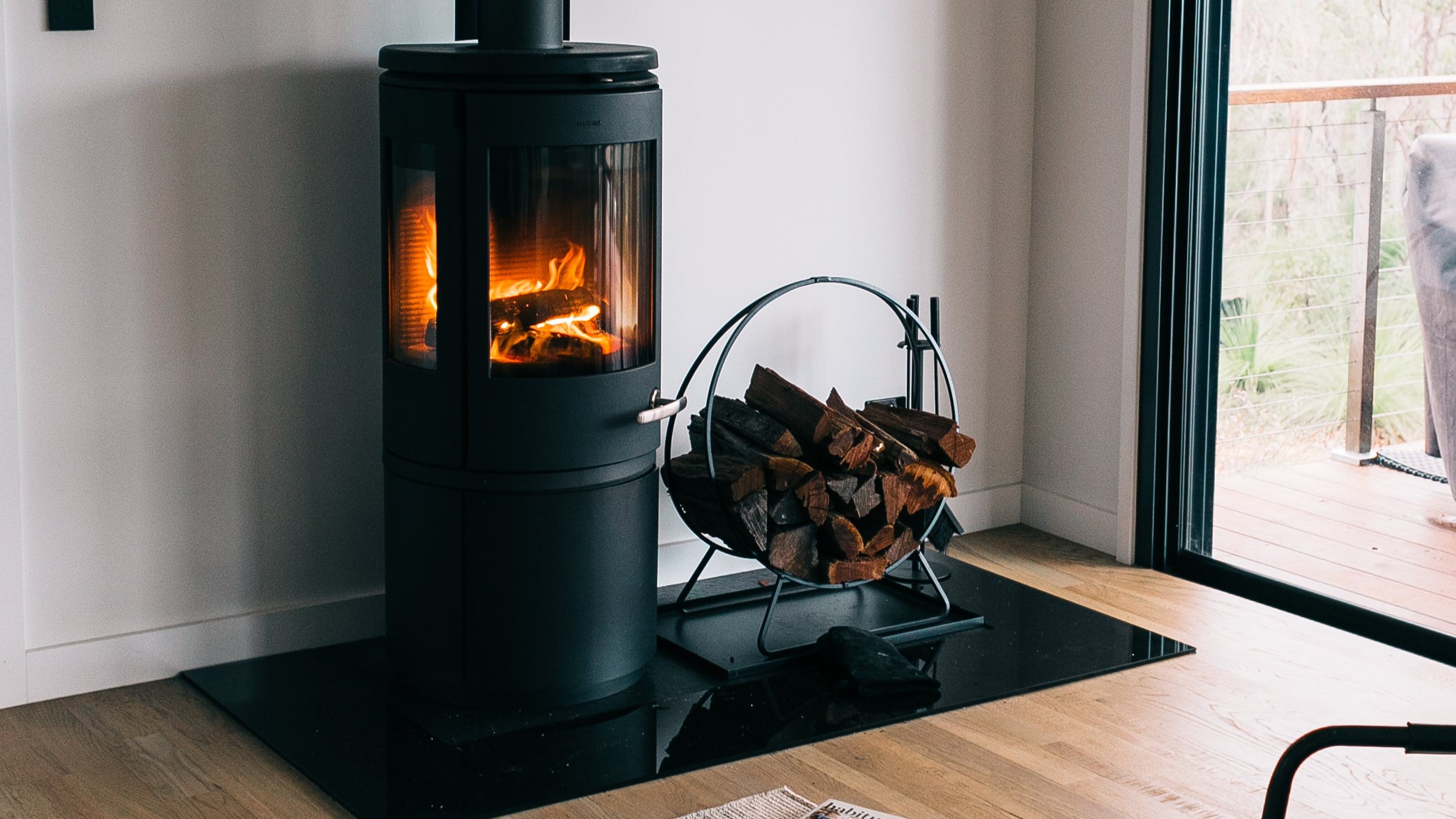 a tiny fireplace in an RV