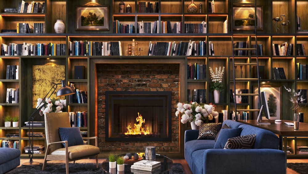 fireplace surrounded with bookshelves