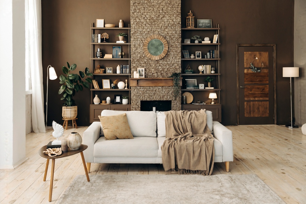 beautiful fireplace with bookshelves on the sides