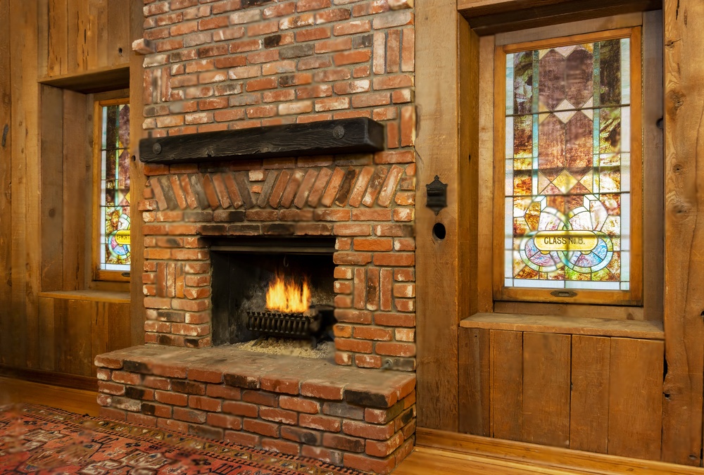 a fireplace with brick surrounding