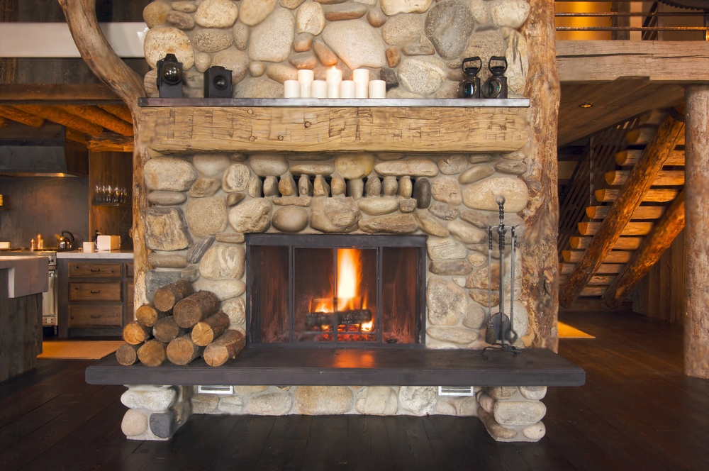 wooden plus stone fireplace surround